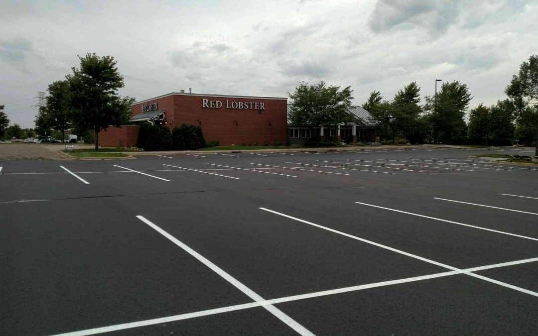 freshly paved and restriped parking lot of Red Lobster in Minnesota